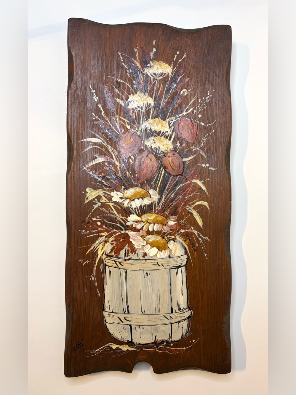 Vintage 1970s Country Folk Art Wood Plaque Signed Shaffer Floral Daisy Wall Art